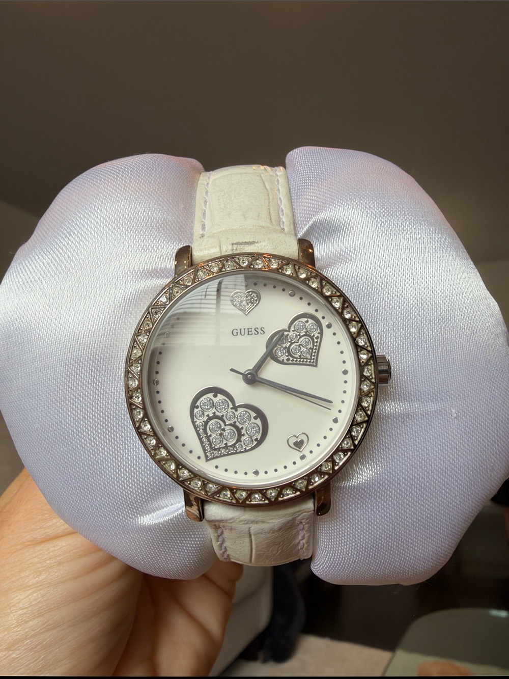GUESS Women's White Leather Heart Crystal Accent Watch